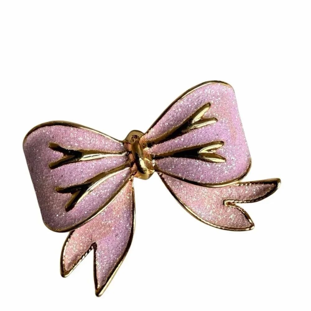 Pink Glitter Enamel Bow Brooch